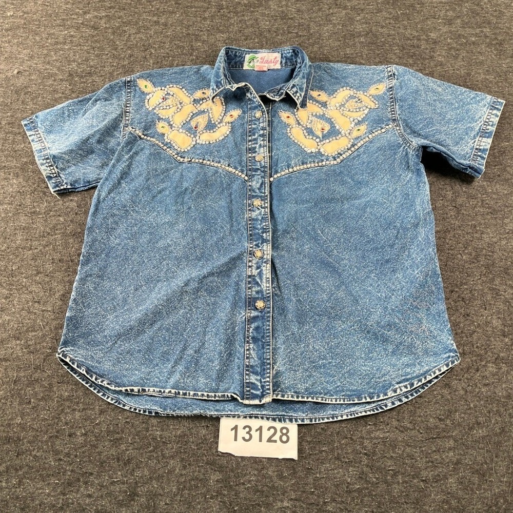 Vintage Tasty Shirt Women Large Blue Denim Cotton Rhinestone Bedazzled Button Up